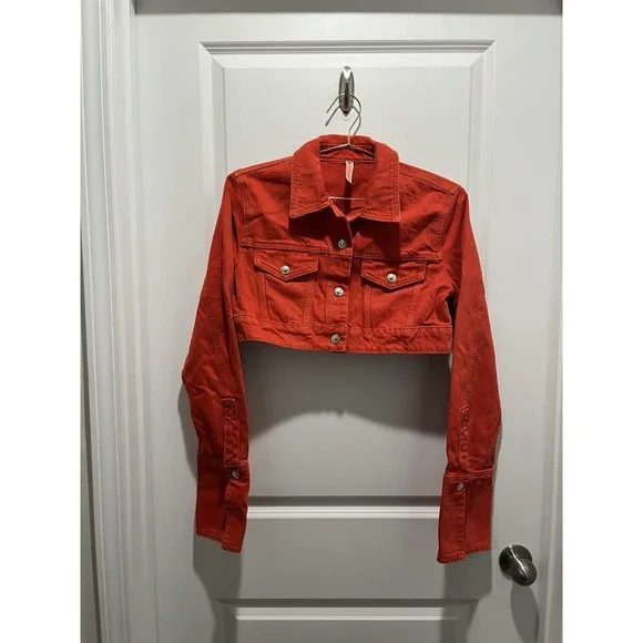Zara Cropped Denim Jacket Dark Orange Size S Blogger Fav Cotton - Picture 3 of 8